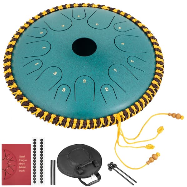 Tungtrumma 14 toner, 14 tum, ren kopparstål, handpan med dekoration, klubbor, väska och musikbok, mineralgrön.