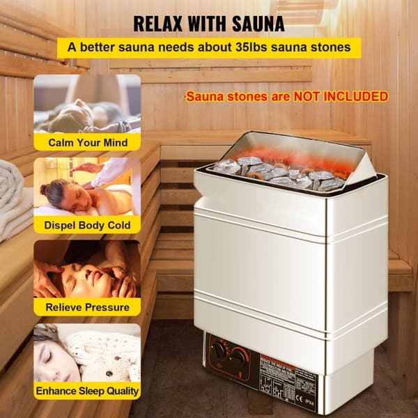 Sauna 9 kW, sähköinen saunakiuas 380 V - 415 V, ruostumaton teräs, 2 tilaa (lämpö, aika), ulkoinen ohjaus ja 3M-anturi.