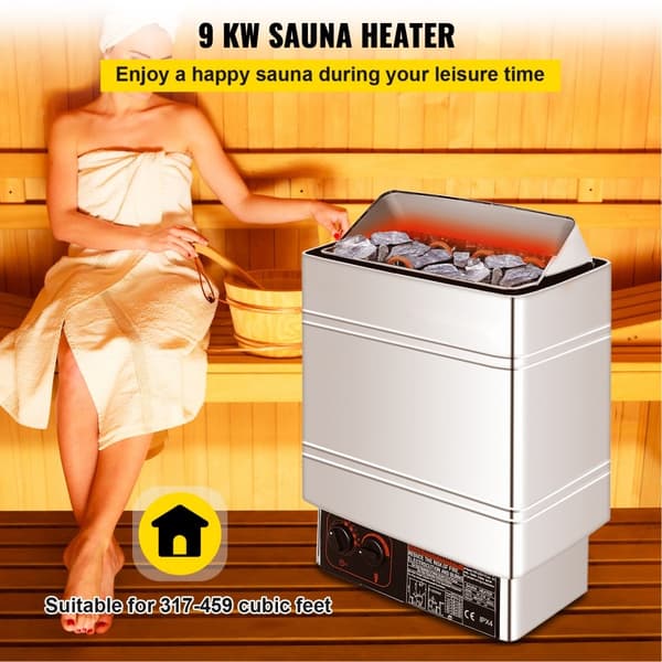 Sauna 9 kW, sähköinen saunakiuas 380 V - 415 V, ruostumaton teräs, 2 tilaa (lämpö, aika), ulkoinen ohjaus ja 3M-anturi.