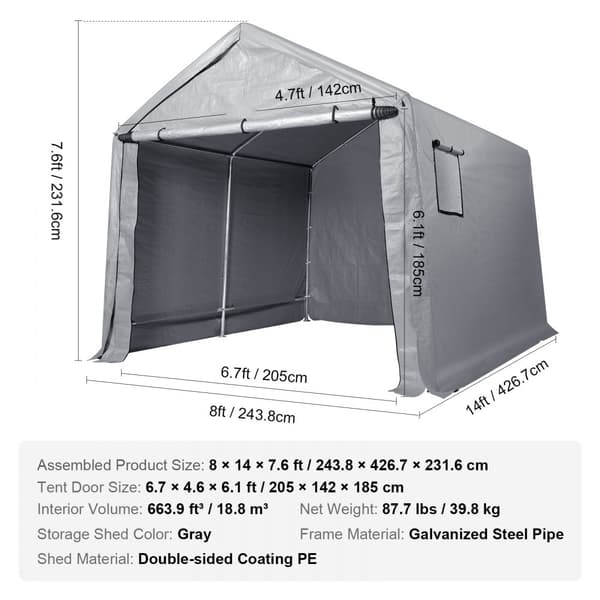 Bærbar garageopbevaring: Opbevaringsskur med lynlåsdør, mål 8 x 14 x 7,6 fod. Perfekt til extra plads!