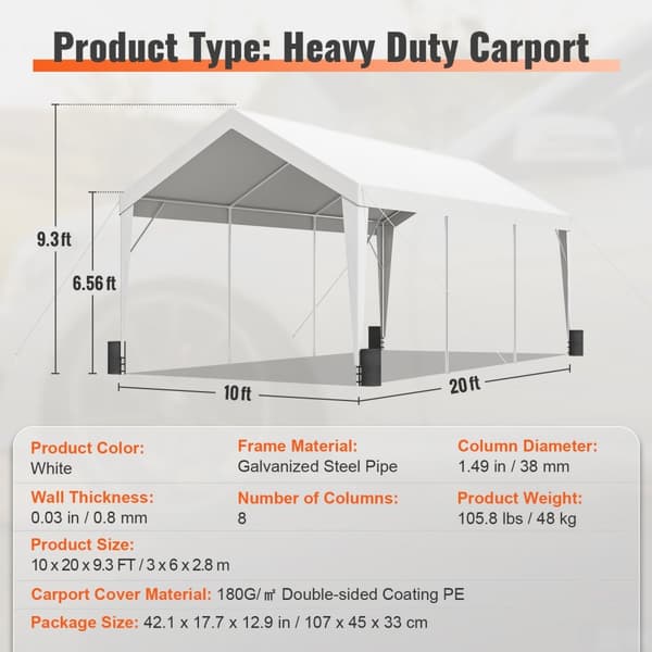 Carport, 10x20 fod robust bilskur med 8 forstærkede stænger og 4 vægtposer. UV-resistent vandtæt presenning til SUV, F150, bil og båd.