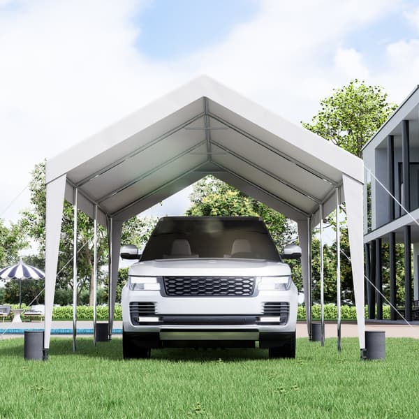 Carport, 10x20 fod robust bilskur med 8 forstærkede stænger og 4 vægtposer. UV-resistent vandtæt presenning til SUV, F150, bil og båd.