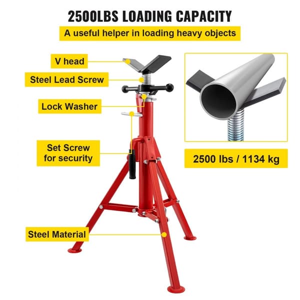 V-Kopf-Rörställ, 1/8"-12" kapacitet, justerbar höjd 28"-52", 2500 lb bärförmåga, portabelt hopfällbart ställ, kolstål.
