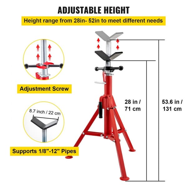 V-Kopf-Rörställ, 1/8"-12" kapacitet, justerbar höjd 28"-52", 2500 lb bärförmåga, portabelt hopfällbart ställ, kolstål.