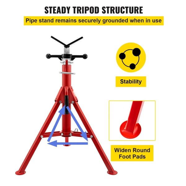 V-Kopf-Rörställ, 1/8"-12" kapacitet, justerbar höjd 28"-52", 2500 lb bärförmåga, portabelt hopfällbart ställ, kolstål.