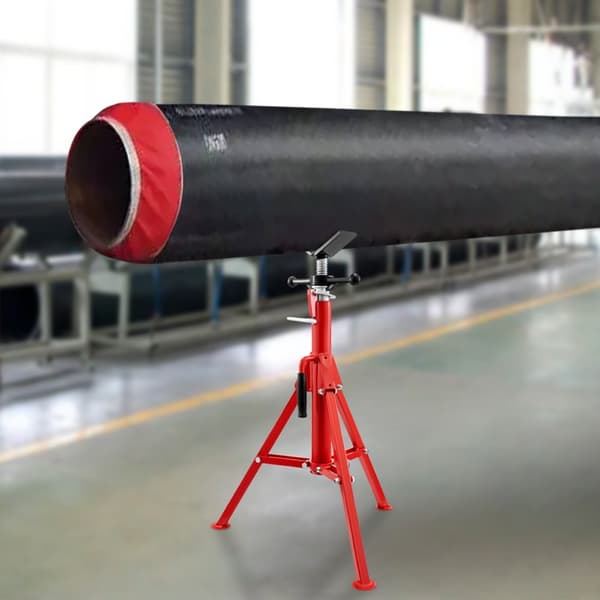 Rohrstütze i kolstålsrör, V-huvud, max belastning 1134 kg, höjdjusterbar 61-107 cm, hopfällbara ben för transport.