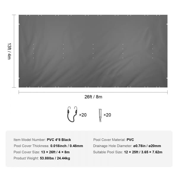 Altaan suojapeite 13x26 jalkaa, hiilipohjainen PVC-kansi talvisuojaksi suorakulmaiseen uima-altaaseen.