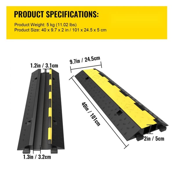 Kaapelin suojaramppi 2 kpl, 2 kanavaa, modulaarinen nopeuspuskuri, 11 000 LBS kuormituskyky, suojavaijeri ajotieltä.