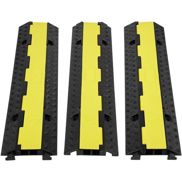 3-pak gummikabelbeskytter, 2-kanals, 12000 lbs/aksel, heavy duty. Bump til indkørsel, med flip-top dæk og 50 fod advarselstape.