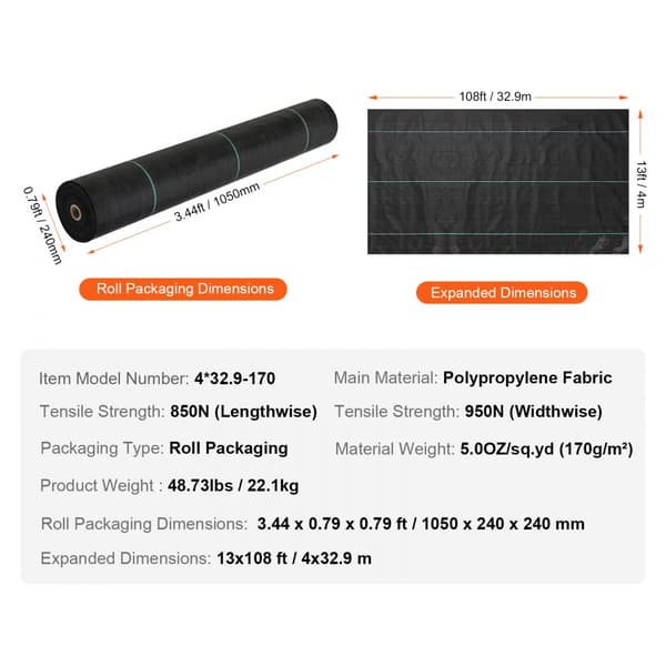 13FTx108FT Premium Heavy Duty ogräsbarriär, 5OZ vävt geotextil, hög permeabilitet för ogräsblockering och trädgård.