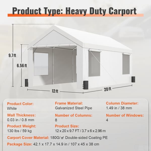 Carport, kraftigt 10x20 ft bilkapell, utomhusskydd med avtagbara väggar, ventilerade fönster och dörrar, UV-beständig.