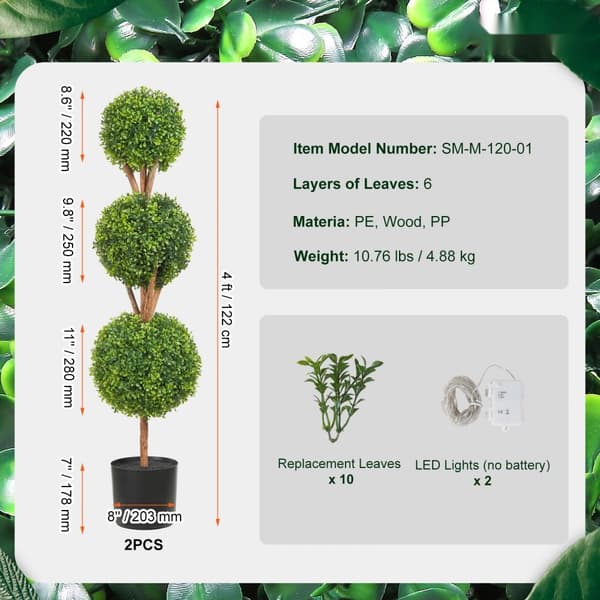 Kunstige topiaries buksbom træer, 48 tommer høje (2 stk.), 3 kugleformede planter med kasser. Ideel til indendørs/udendørs dekoration.