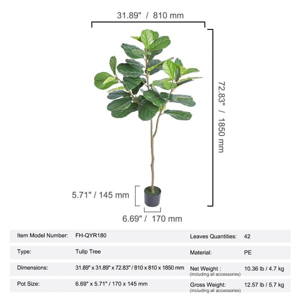Kunstigt figentræ violinblad, 6 FT. Sikkert PE-materiale med anti-vippebeskyttelse. Vedligeholdelsesvenligt og naturtro til indendørs/udendørs brug.