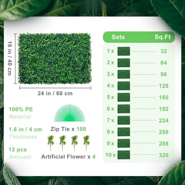12 stk kunstige buksbom paneler - UV-resistent hæk til væg, 24x16", 4 cm grønt græs. Perfekt til indretning, privatlivshegn, indendørs og udendørs!