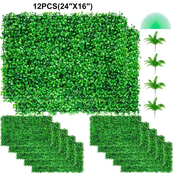 12 stk kunstige buksbom paneler - UV-resistent hæk til væg, 24x16", 4 cm grønt græs. Perfekt til indretning, privatlivshegn, indendørs og udendørs!