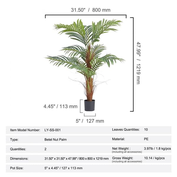 Konstgjord palm, 4 fot hög, säker PE-materiel, lågt underhåll, naturtrogen växt för hemmakontor och inredning.