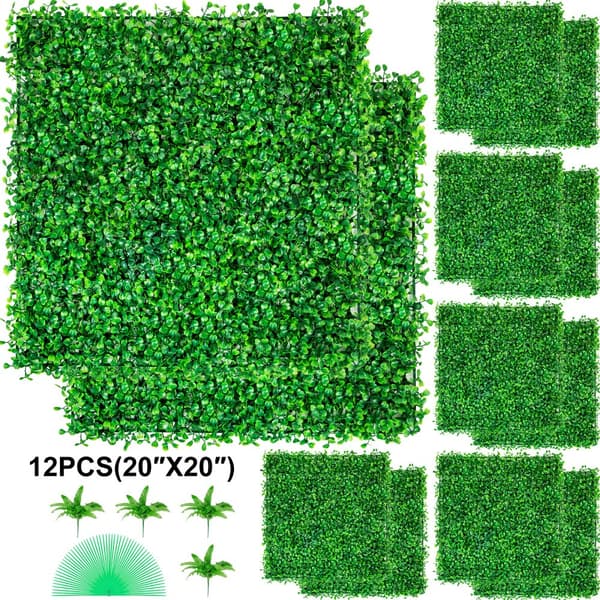 Keinotekoinen Boxwood-paneeli UV 12 kpl, vihreä ruohoseinä 20x20" sisustukseen, yksityisyysaita puutarhaan.