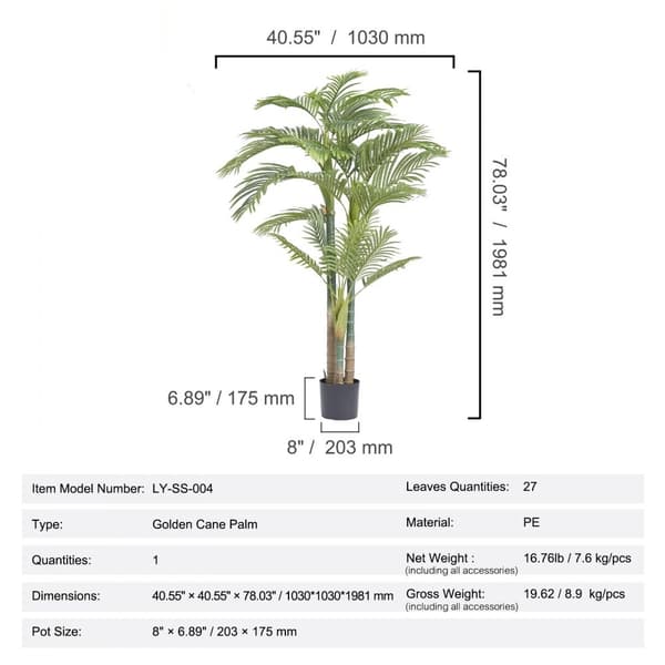 Konstgjord guldkäpppalm, 2 m hög, PE-material. Naturtrogen och lågt underhåll för hemmakontor och inredning.