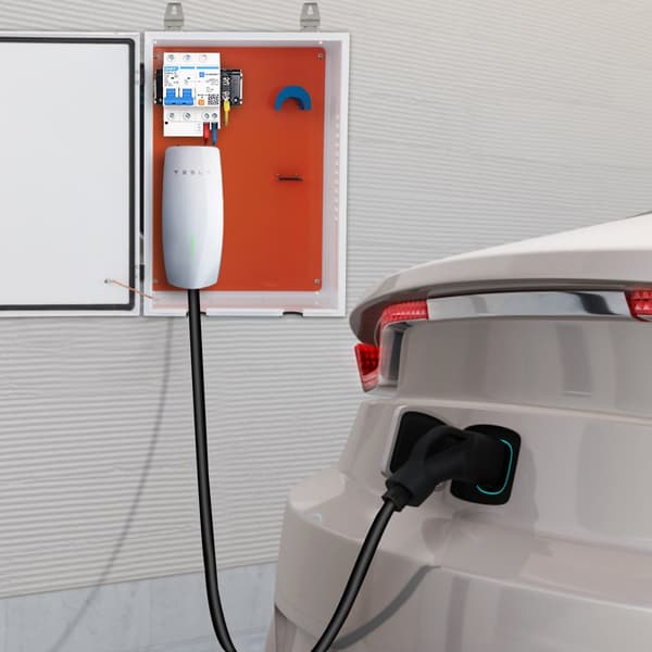 Tesla ladestation boks, 28'' x 20'' x 10'', udendørs kabelboks til organiseret opladning. Vandtæt IP32 stål kabinet til Tesla vægstik.