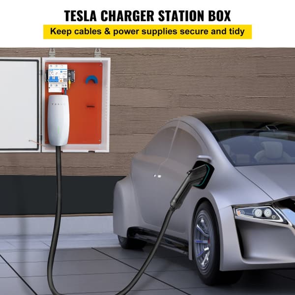 Tesla ladestation boks, 28'' x 20'' x 10'', udendørs kabelboks til organiseret opladning. Vandtæt IP32 stål kabinet til Tesla vægstik.