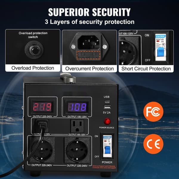 Spänningsomvandlare Transformator 500W, Heavy Duty, Steg Upp/Ned, 110V till 220V, med USA/EU-uttag och USB-port. CE-certifierad.