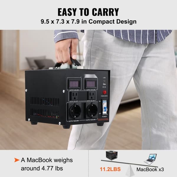 Spänningsomvandlare Transformator 500W, Heavy Duty, Steg Upp/Ned, 110V till 220V, med USA/EU-uttag och USB-port. CE-certifierad.