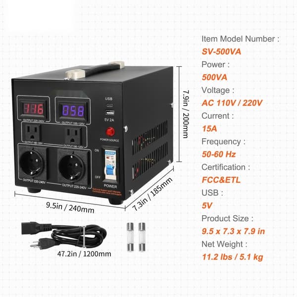 Spänningsomvandlare Transformator 500W, Heavy Duty, Steg Upp/Ned, 110V till 220V, med USA/EU-uttag och USB-port. CE-certifierad.