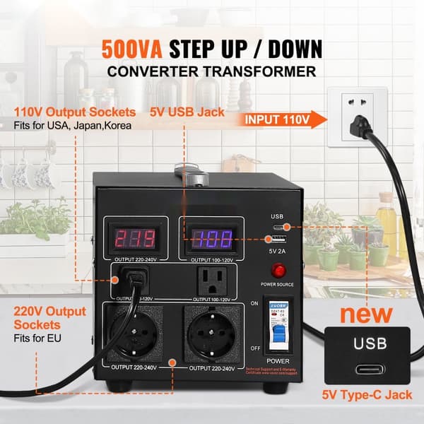 Spänningsomvandlare Transformator 500W, Heavy Duty, Steg Upp/Ned, 110V till 220V, med USA/EU-uttag och USB-port. CE-certifierad.