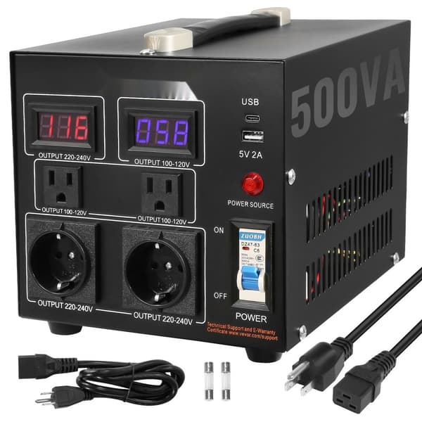 Spänningsomvandlare Transformator 500W, Heavy Duty, Steg Upp/Ned, 110V till 220V, med USA/EU-uttag och USB-port. CE-certifierad.