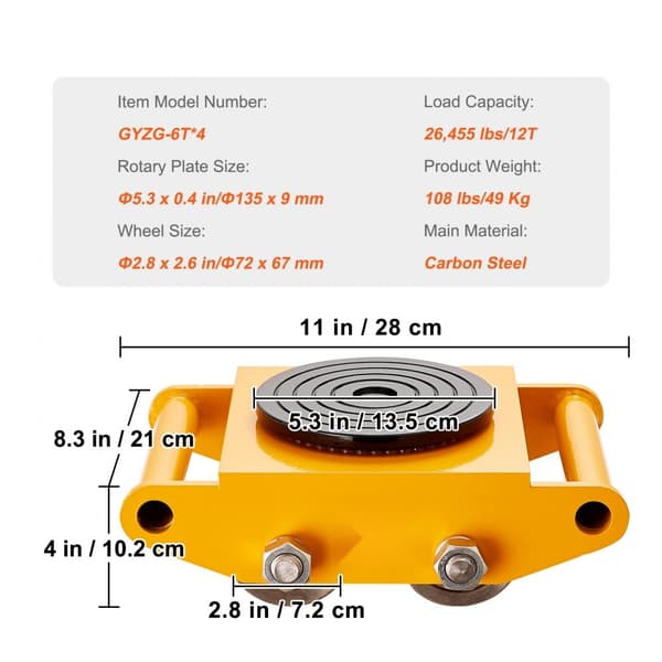 4 STK Maskinskøjte Dolly Mover med 4 Carbon Stål hjul, kapacitet 26455LBS/12T. Effektiv transportløsning!