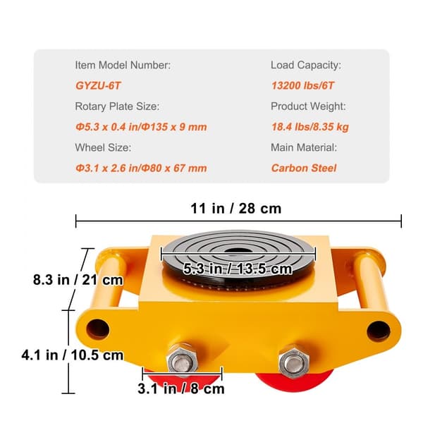 Maskinskate, 13.200 LBS/6T industriel maskintransportør, robust kulstof stål med 4 PU-hjul og 360° roterende skridsikker hætte til lager og værksted.