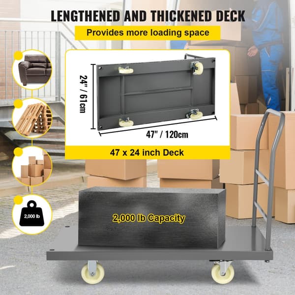 Plattformstruck, 2000 lbs kapacitet, stål, 47" L x 24" B x 32" H, handtruckar med 5" nylonhjul, robust bagagevagn.
