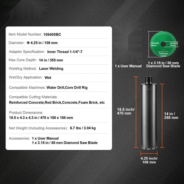 Kernebor 4,25" med våddiamant, 14" boring til beton, 1-1/4"-7 indvendigt gevind, lasersvejset. Ideel til betonsten.