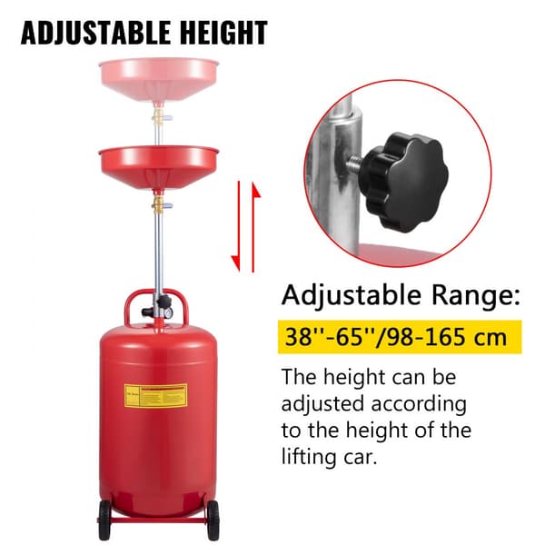 Transportabel 20-gallon spildolieaftapningstank med luftdrevet aftapning. Justerbar tragthøjde og trykreguleringsventil til olieoverførsel.