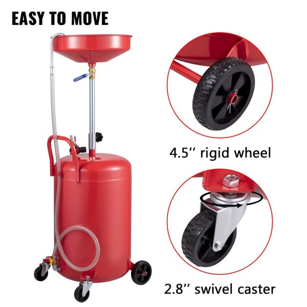 Transportabel 20-gallon spildolieaftapningstank med luftdrevet aftapning. Justerbar tragthøjde og trykreguleringsventil til olieoverførsel.