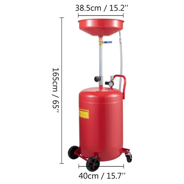 Transportabel 20-gallon spildolieaftapningstank med luftdrevet aftapning. Justerbar tragthøjde og trykreguleringsventil til olieoverførsel.