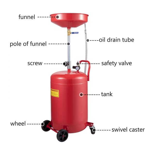 Transportabel 20-gallon spildolieaftapningstank med luftdrevet aftapning. Justerbar tragthøjde og trykreguleringsventil til olieoverførsel.