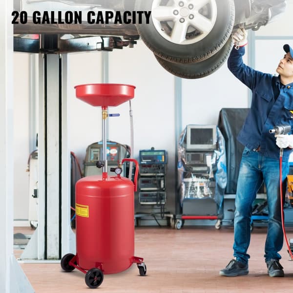 Transportabel 20-gallon spildolieaftapningstank med luftdrevet aftapning. Justerbar tragthøjde og trykreguleringsventil til olieoverførsel.