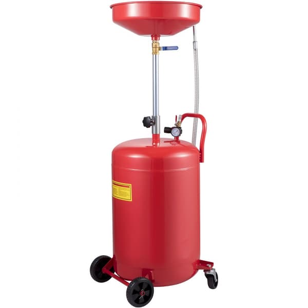 Transportabel 20-gallon spildolieaftapningstank med luftdrevet aftapning. Justerbar tragthøjde og trykreguleringsventil til olieoverførsel.