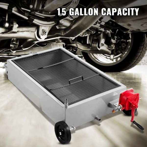 Olieaftapningsbeholder 15 gallon, 57L lavprofil med pumpe og slange. Perfekt til olieudskiftning af bil, SUV og lastbil. Foldbar hånd og