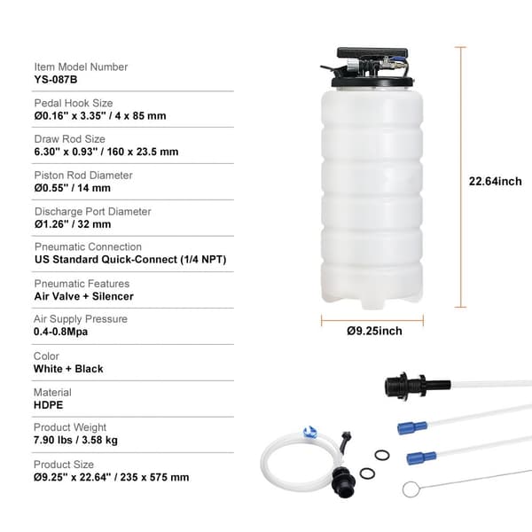 Væskeudsugning, 4 gallon (15 liter), pneumatisk/manuel olieskifter med vakuumvæskeudtrækker, sugeslange og målepind til bilvæsker.