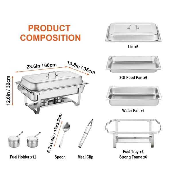 Chafing Opvaskebuffet Sæt, 8 Qt 6 Pakke, Rustfrit Stål Chafer med 6 store pander. Rektangulær cateringservering med låg, vandbeholder og