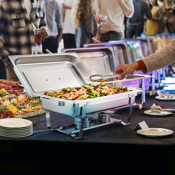 Chafing Opvaskebuffet Sæt, 8 Qt 6 Pakke, Rustfrit Stål Chafer med 6 store pander. Rektangulær cateringservering med låg, vandbeholder og