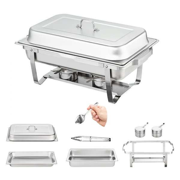 Chafing Opvaskebuffet Sæt, 8 Qt 6 Pakke, Rustfrit Stål Chafer med 6 store pander. Rektangulær cateringservering med låg, vandbeholder og