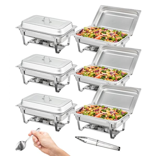 Chafing Opvaskebuffet Sæt, 8 Qt 6 Pakke, Rustfrit Stål Chafer med 6 store pander. Rektangulær cateringservering med låg, vandbeholder og