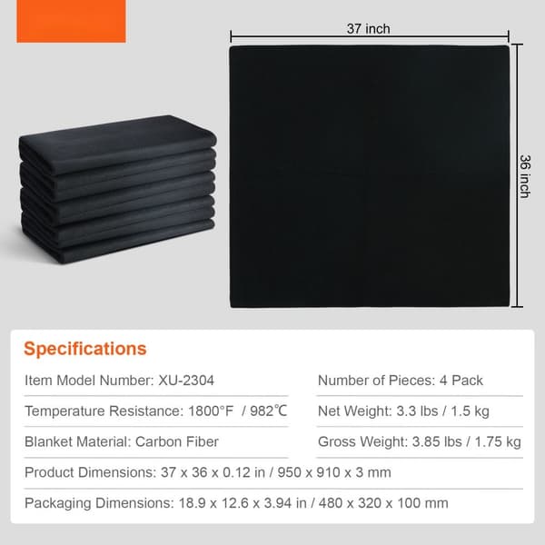 Svejsetæppe i kulstoffilt 4-pak, 37"x36", flammehæmmende, varmebestandigt op til 980°C, skærbar isoleringspude.