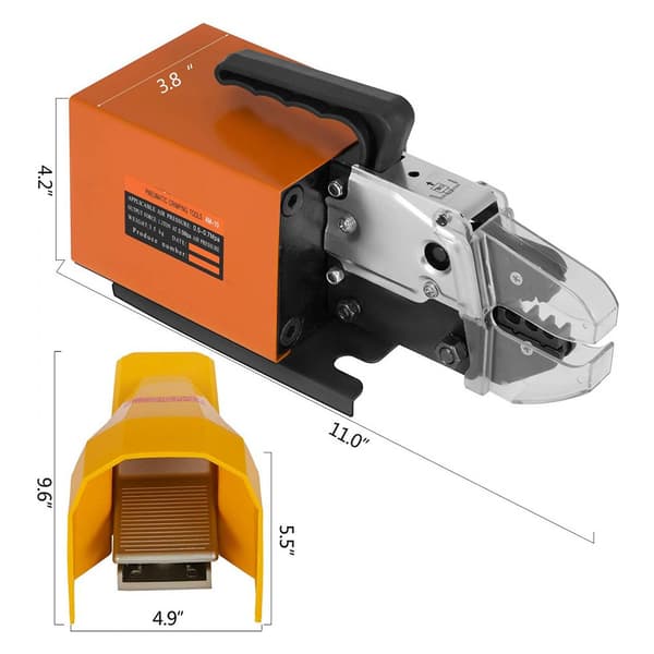 Pneumatisk crimpeværktøj AM-10 til luftdrevet crimping af ledningsterminaler op til 16mm². Inkluderer 10 matricer til diverse terminaler.