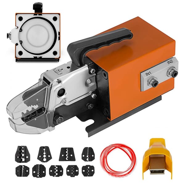 Pneumatisk crimpeværktøj AM-10 til luftdrevet crimping af ledningsterminaler op til 16mm². Inkluderer 10 matricer til diverse terminaler.