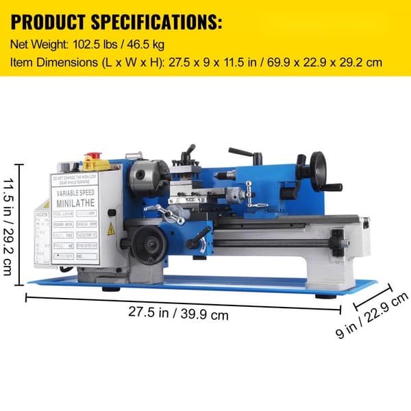 Drejemaskine 550W, præcisions metal drejebænk 7x12 tommer, 2500RPM, kompakt og effektiv til metallbearbejdning.