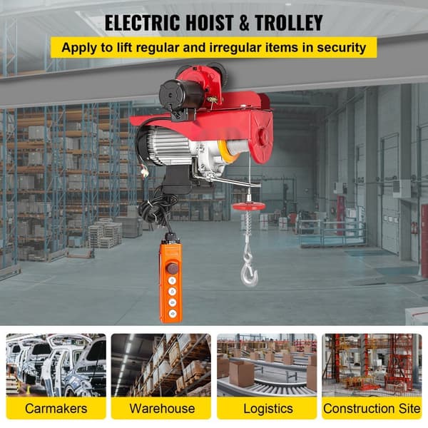 800Kg/1700Lbs Elektrisk trolleyhejs 1300W, Dobbelt hejsespil 12M/40Ft, gaffeltruck med stålpalleholder til garage.